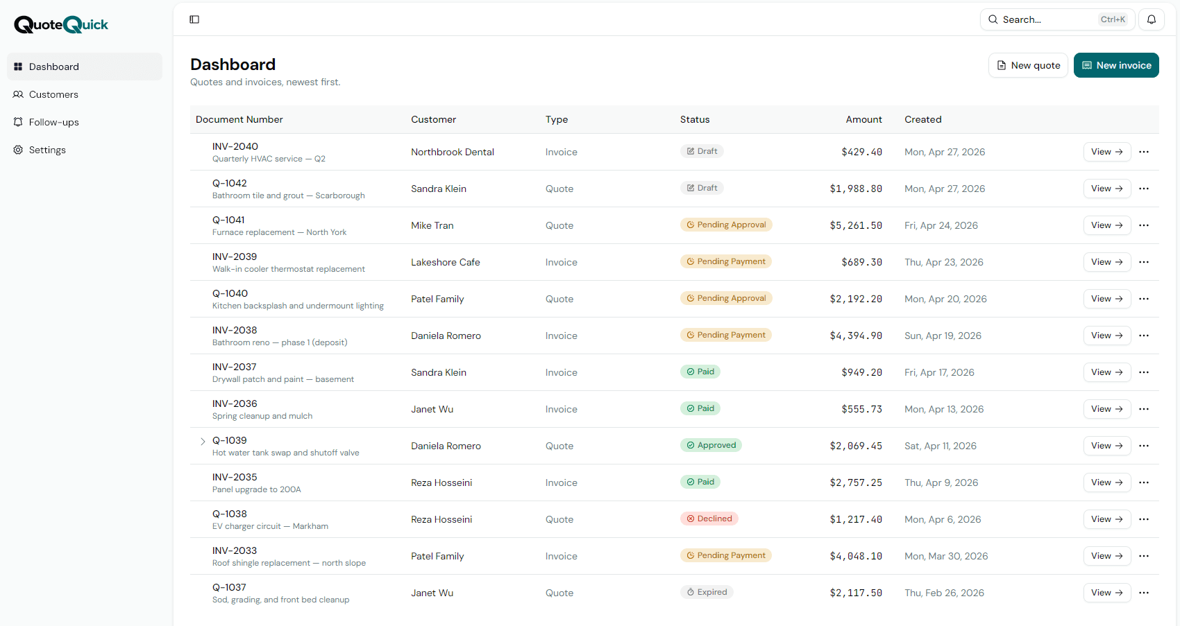 QuoteQuick dashboard showing recent quote and invoice activity