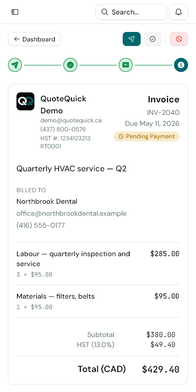 QuoteQuick dashboard showing recent quote and invoice activity